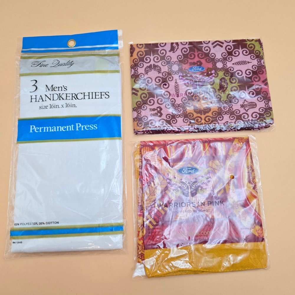 Handkerchiefs 3 Pack White Permanent Press Ford Warriors in Pink Scarf Lot of 3